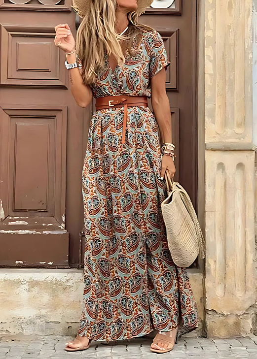Women’s Maxi Dress with V-Neckline and Waist Belt