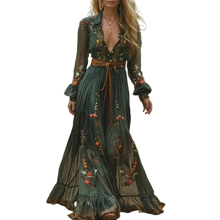 Women’s Maxi Dress with V-Neckline and Waist Tie