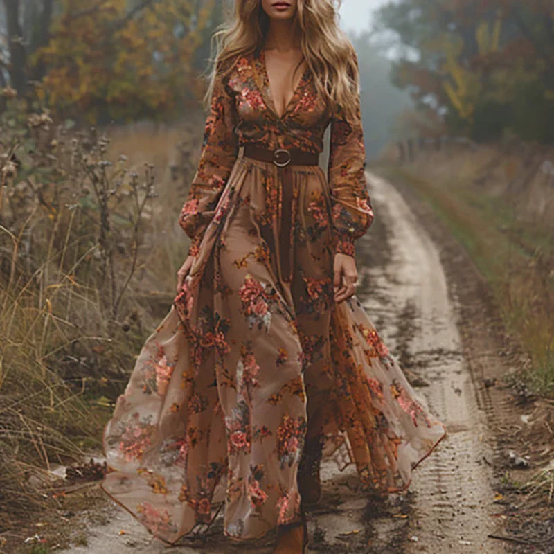 Women’s Maxi Dress with V-Neckline and Waist Tie