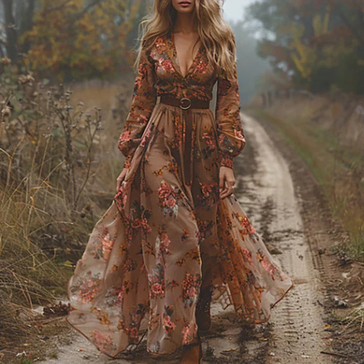 Women’s Maxi Dress with V-Neckline and Waist Tie