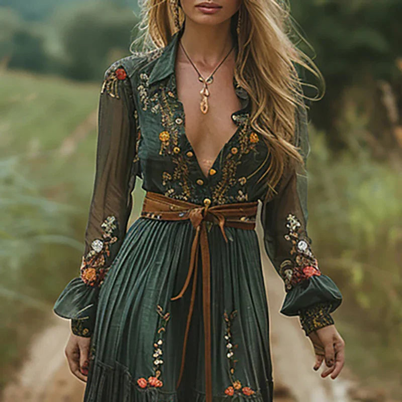 Women’s Maxi Dress with V-Neckline and Waist Tie