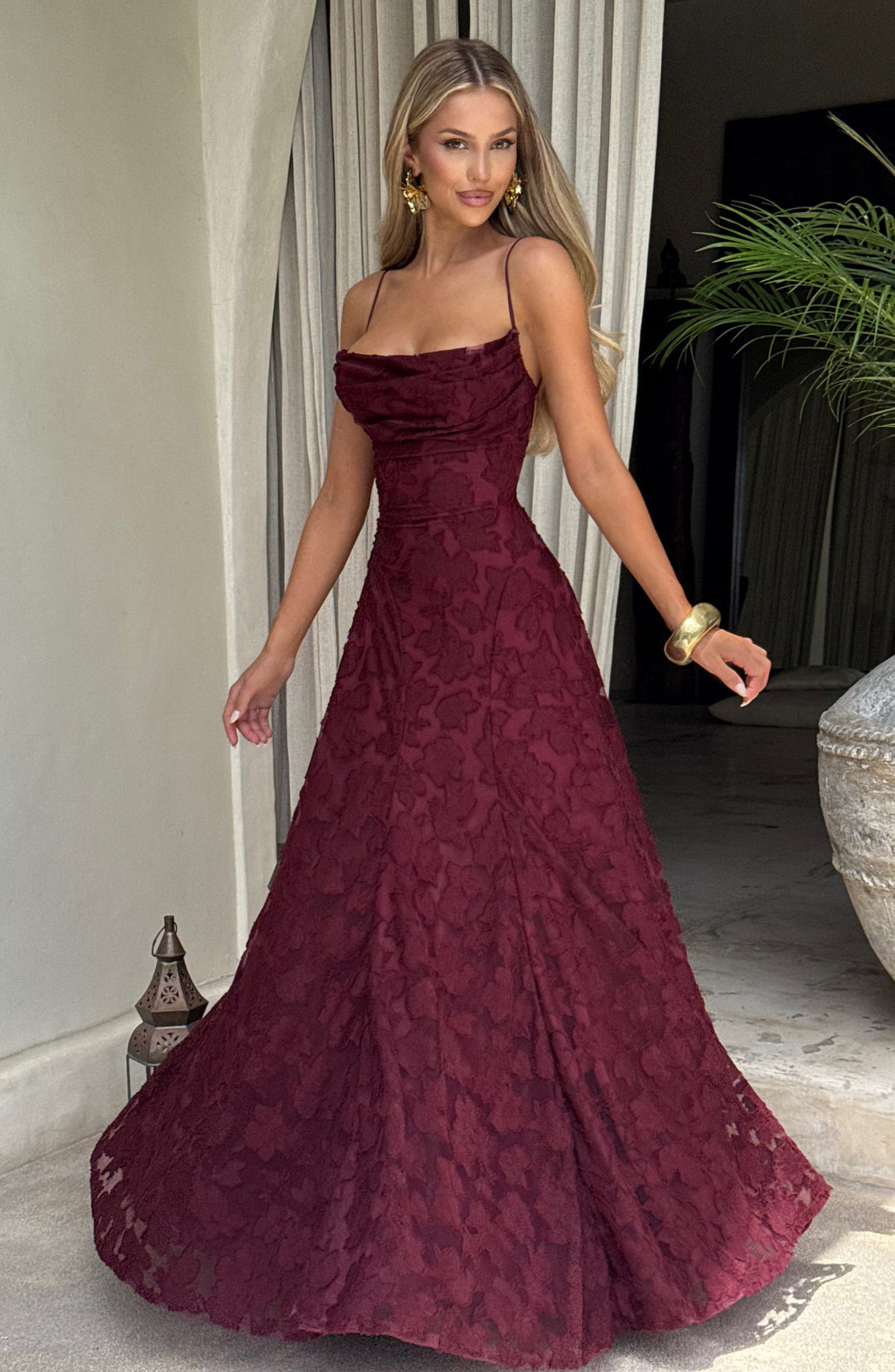 Women’s Maxi Dress with Waterfall Neckline and Lace-Up Back