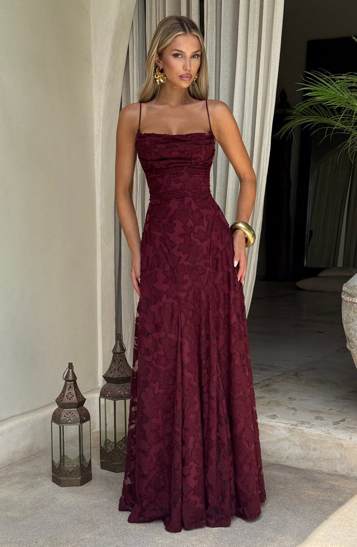 Women’s Maxi Dress with Waterfall Neckline and Lace-Up Back