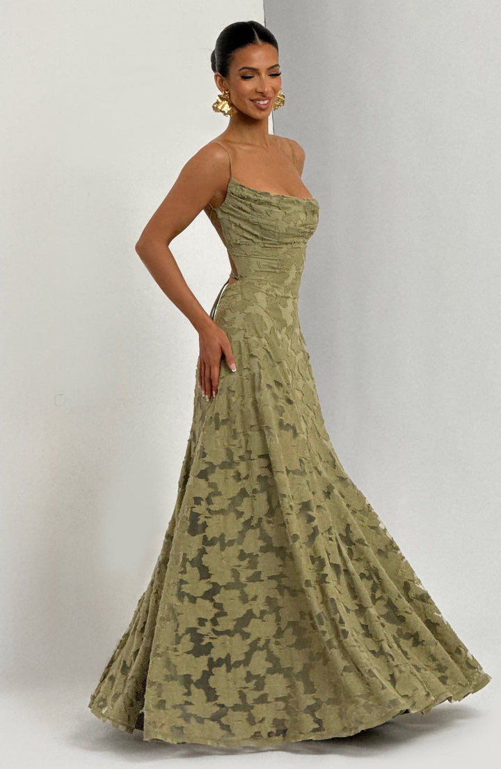 Women’s Maxi Dress with Waterfall Neckline and Lace-Up Back