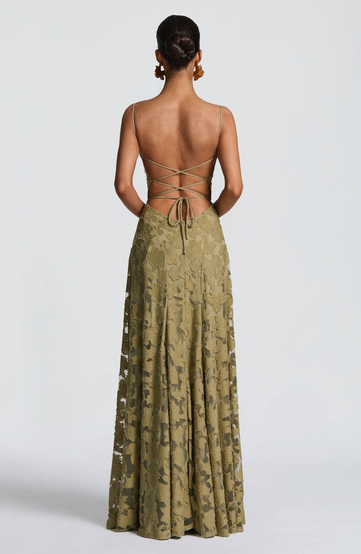 Women’s Maxi Dress with Waterfall Neckline and Lace-Up Back