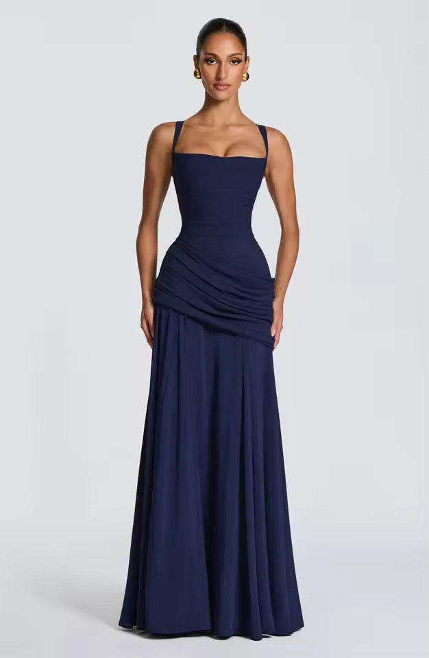 Women’s Maxi Dress with Wide Straps and Gathered Hip Panel