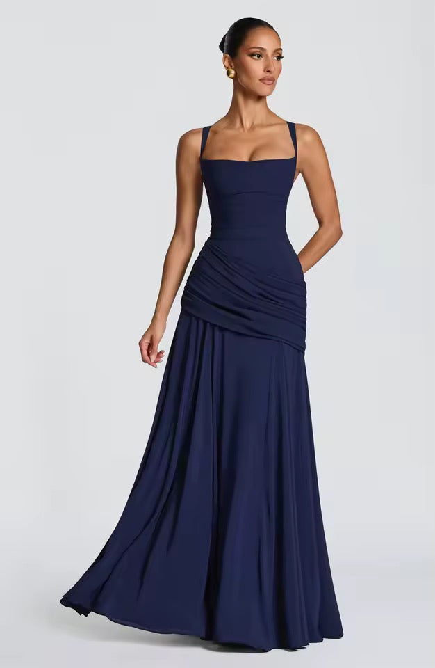Women’s Maxi Dress with Wide Straps and Gathered Hip Panel
