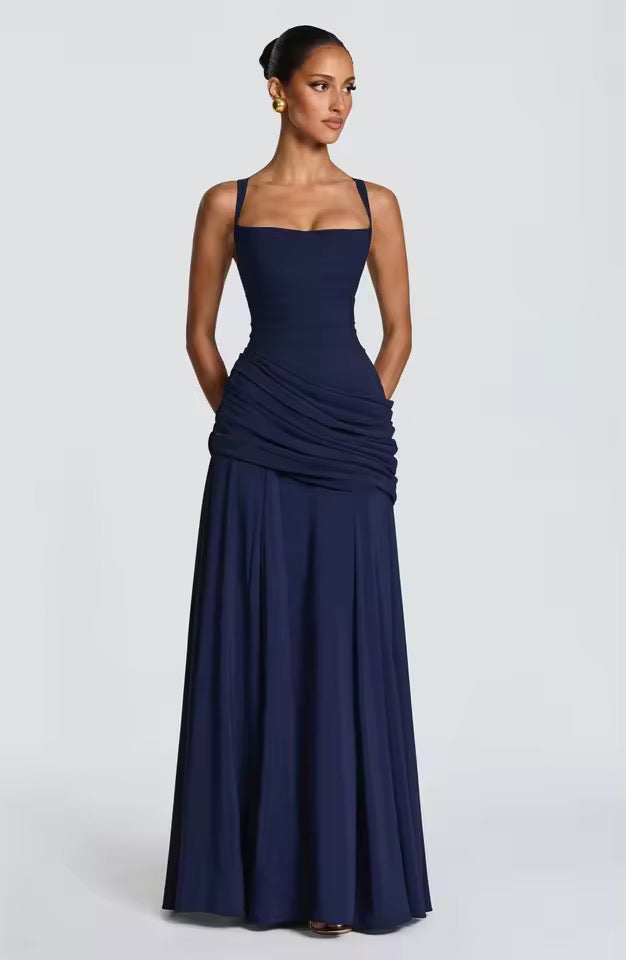 Women’s Maxi Dress with Wide Straps and Gathered Hip Panel