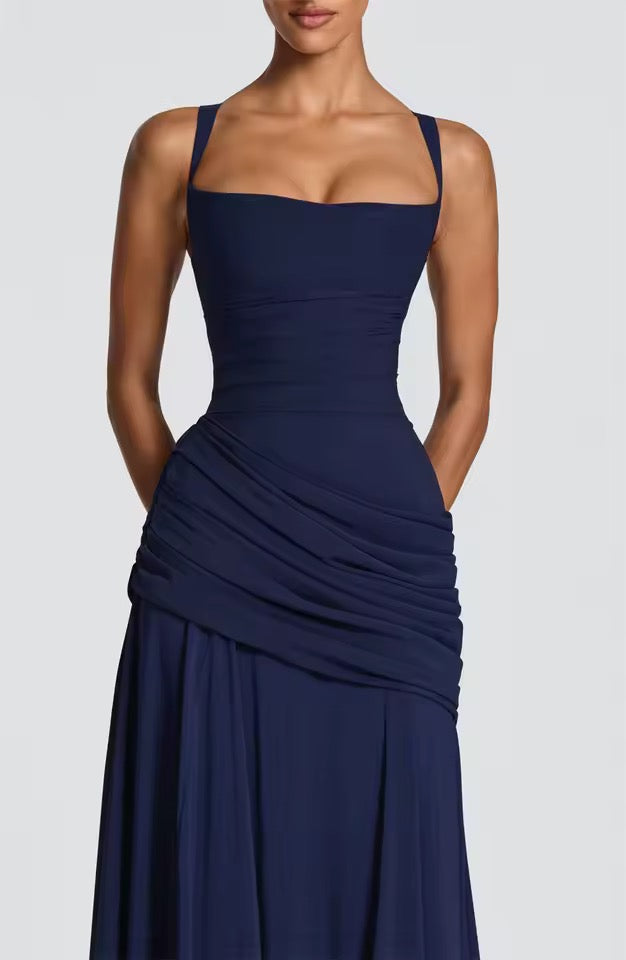 Women’s Maxi Dress with Wide Straps and Gathered Hip Panel