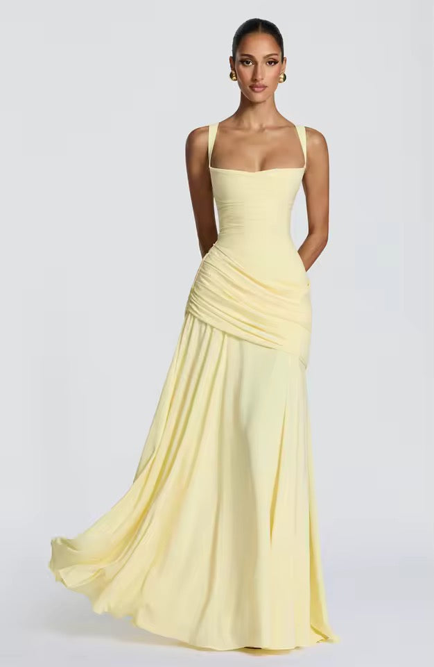 Women’s Maxi Dress with Wide Straps and Gathered Hip Panel
