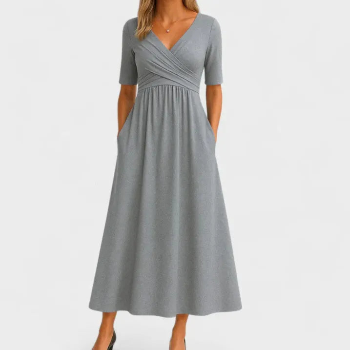 Women’s Midi Dress with Crossover Neckline and Short Sleeves