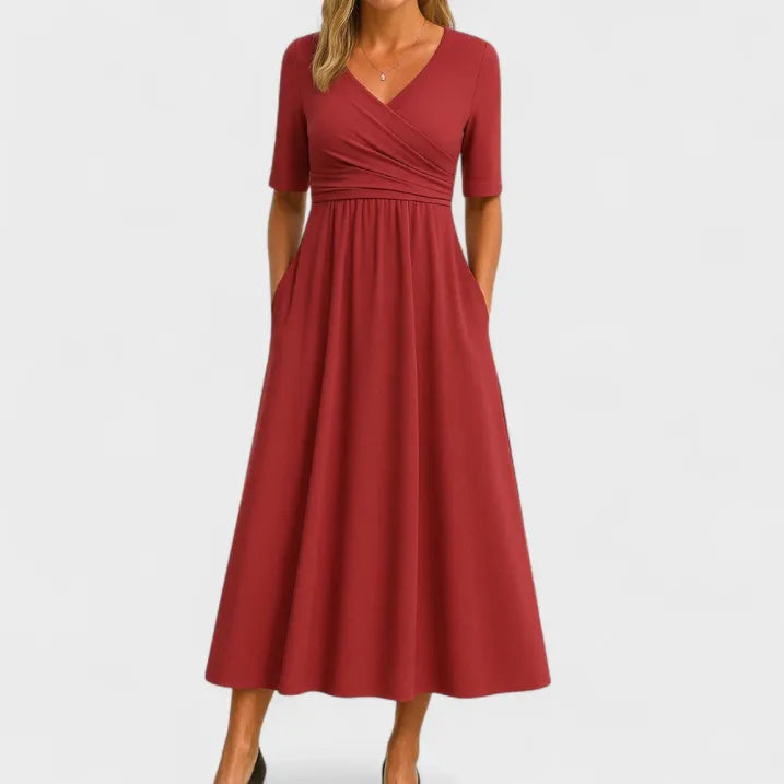 Women’s Midi Dress with Crossover Neckline and Short Sleeves