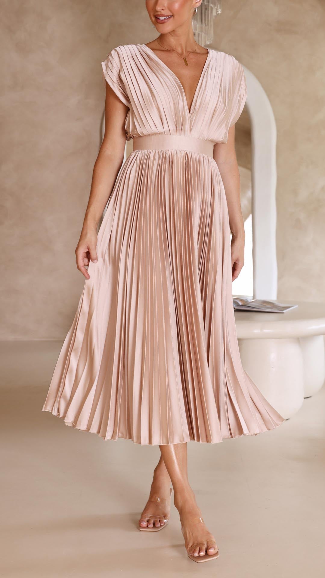 Women’s Midi Dress with Deep V-Neckline and Waistband