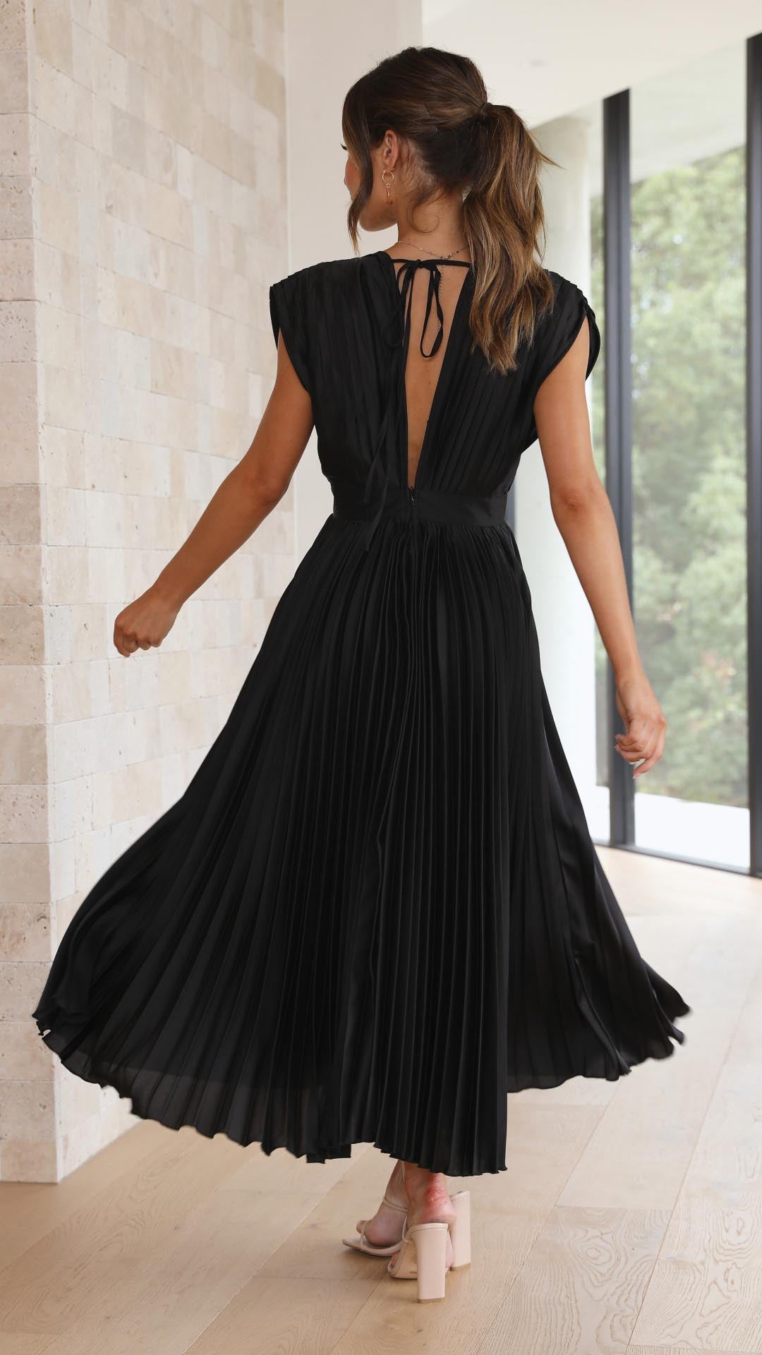 Women’s Midi Dress with Deep V-Neckline and Waistband