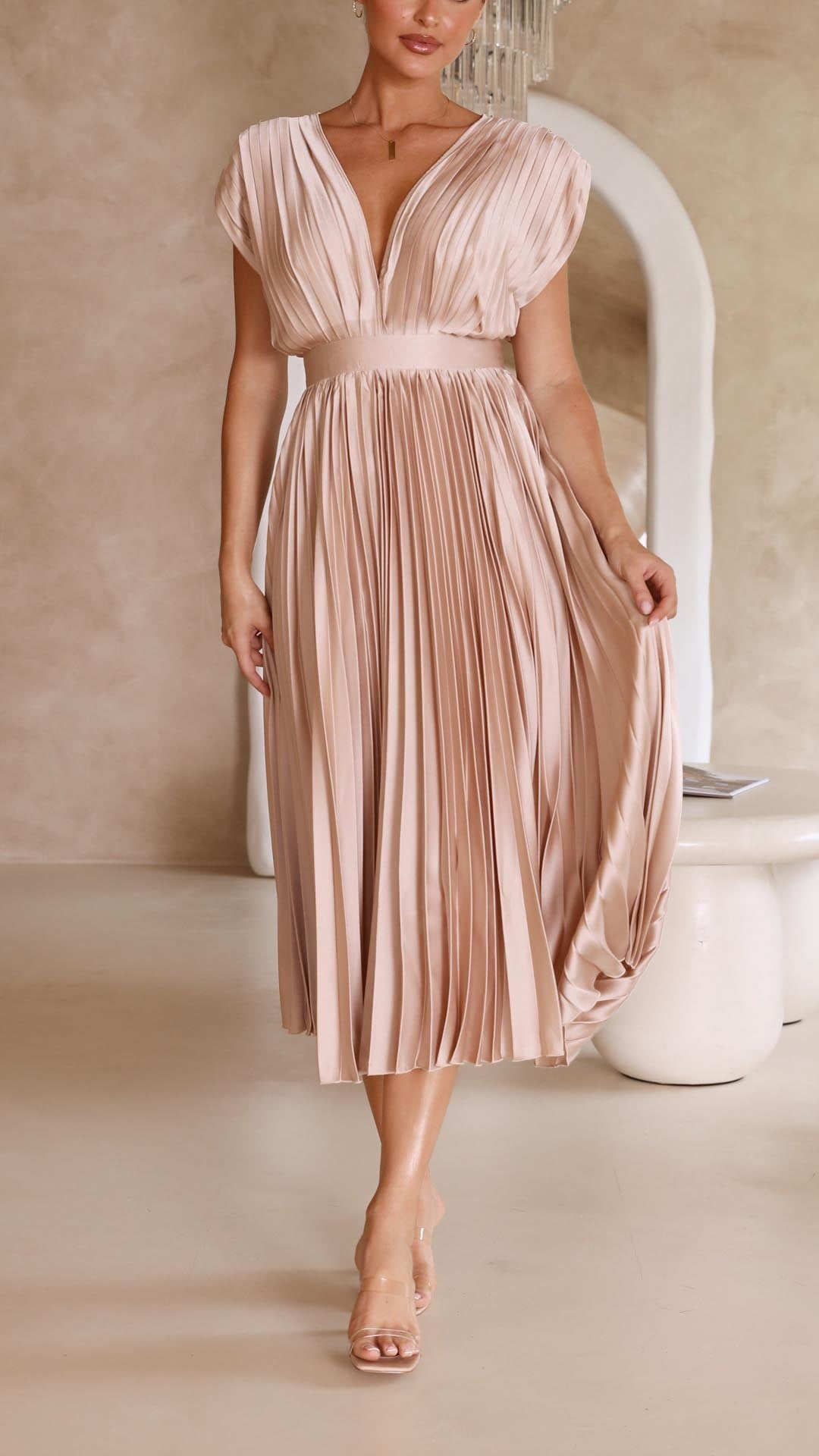 Women’s Midi Dress with Deep V-Neckline and Waistband