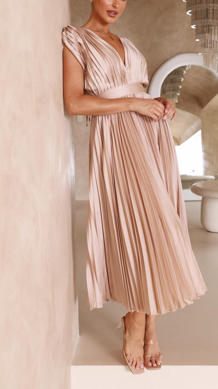 Women’s Midi Dress with Deep V-Neckline and Waistband