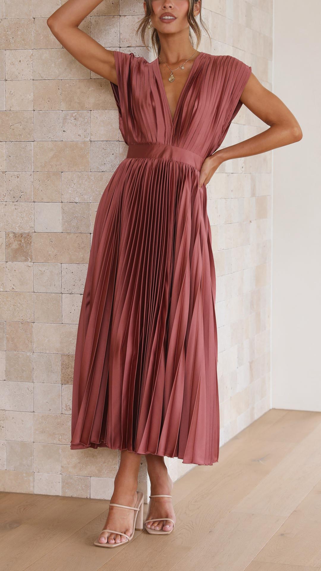 Women’s Midi Dress with Deep V-Neckline and Waistband