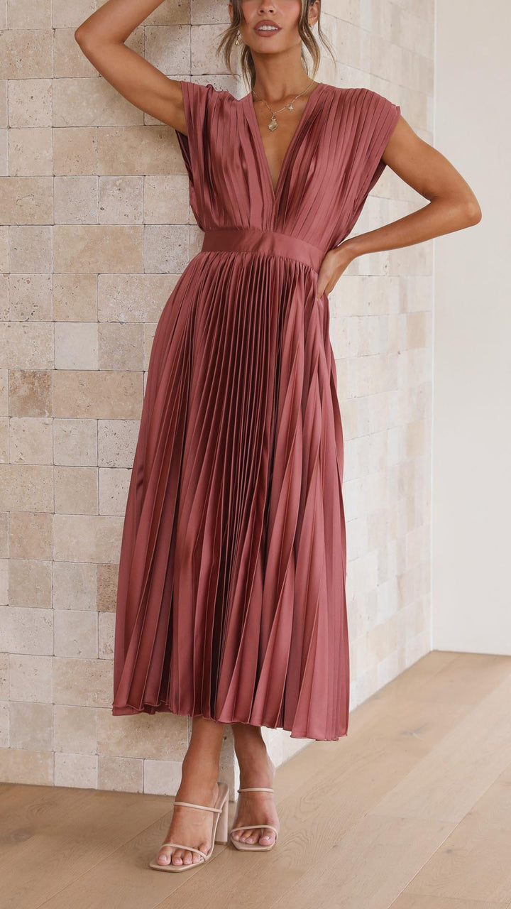 Women’s Midi Dress with Deep V-Neckline and Waistband