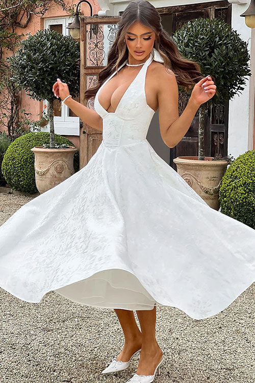 Women’s Midi Dress with Halter Neckline and Full Skirt
