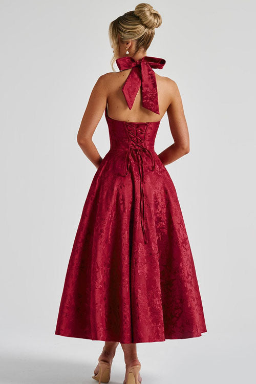 Women’s Midi Dress with Halter Neckline and Full Skirt