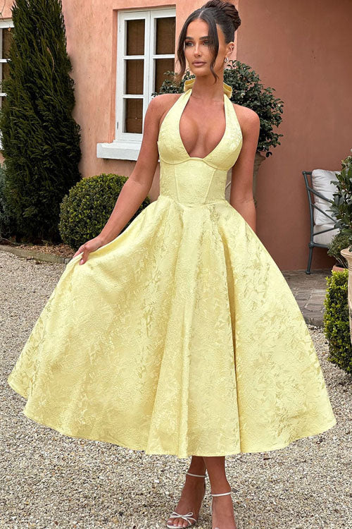 Women’s Midi Dress with Halter Neckline and Full Skirt