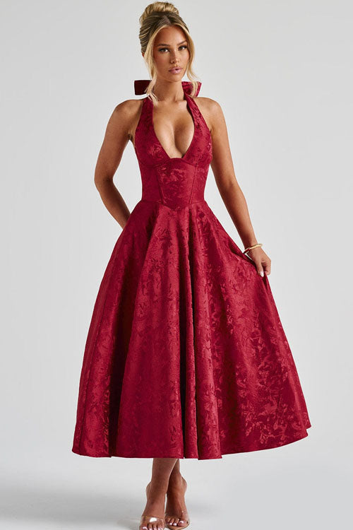 Women’s Midi Dress with Halter Neckline and Full Skirt
