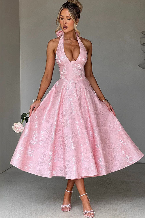 Women’s Midi Dress with Halter Neckline and Full Skirt