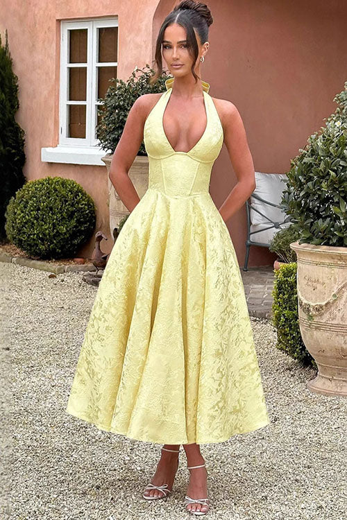 Women’s Midi Dress with Halter Neckline and Full Skirt