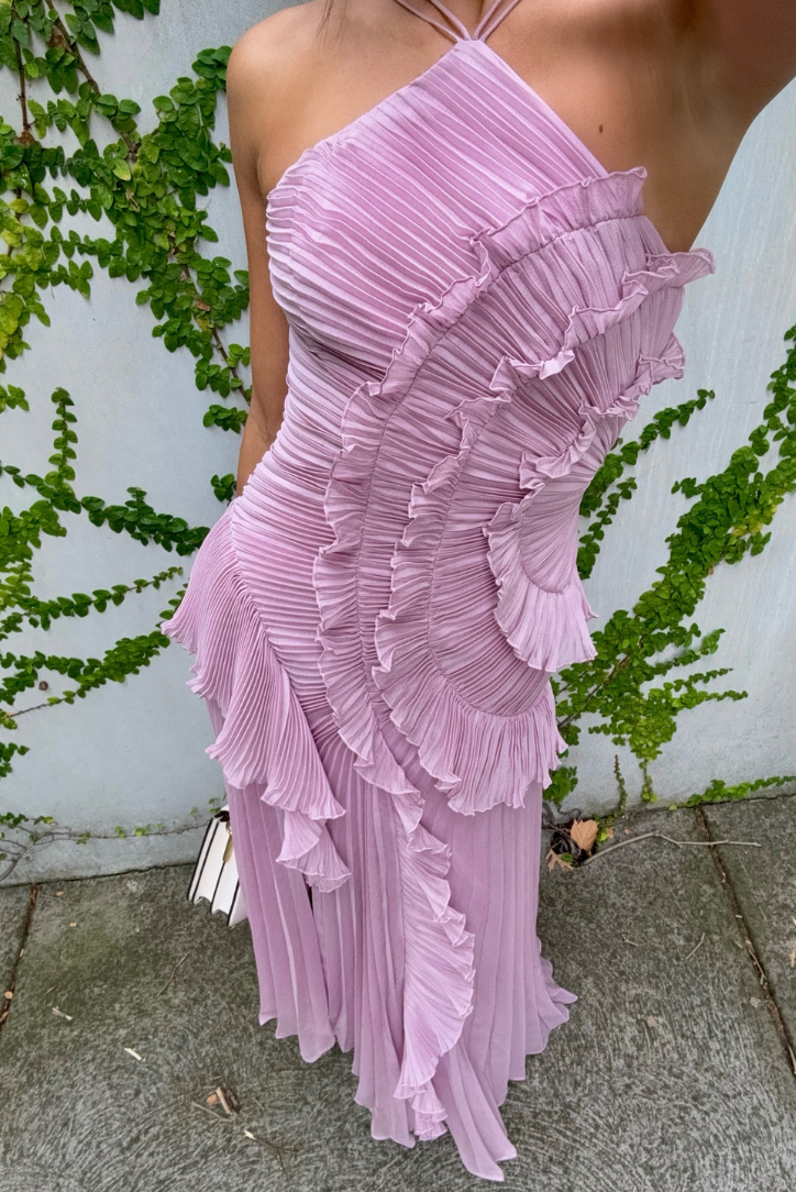 Women’s Midi Dress with Halter Neckline and Vertical Ruffle Trim