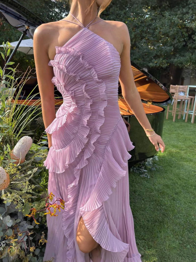 Women’s Midi Dress with Halter Neckline and Vertical Ruffle Trim