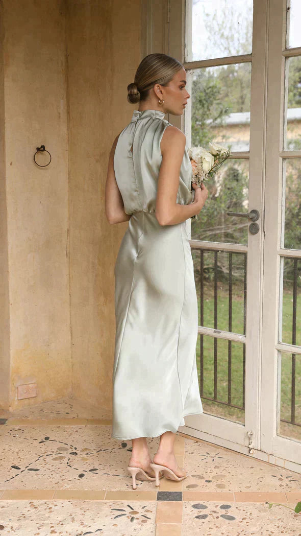 Women’s Midi Dress with High Collar and Draped Front Panel