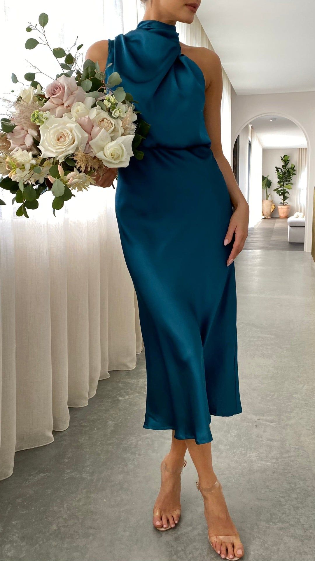 Women’s Midi Dress with High Collar and Draped Front Panel