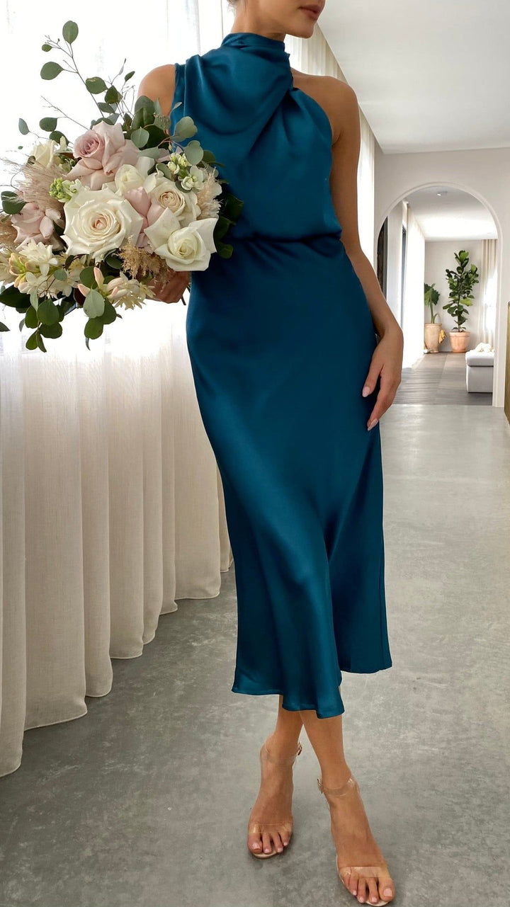 Women’s Midi Dress with High Collar and Draped Front Panel