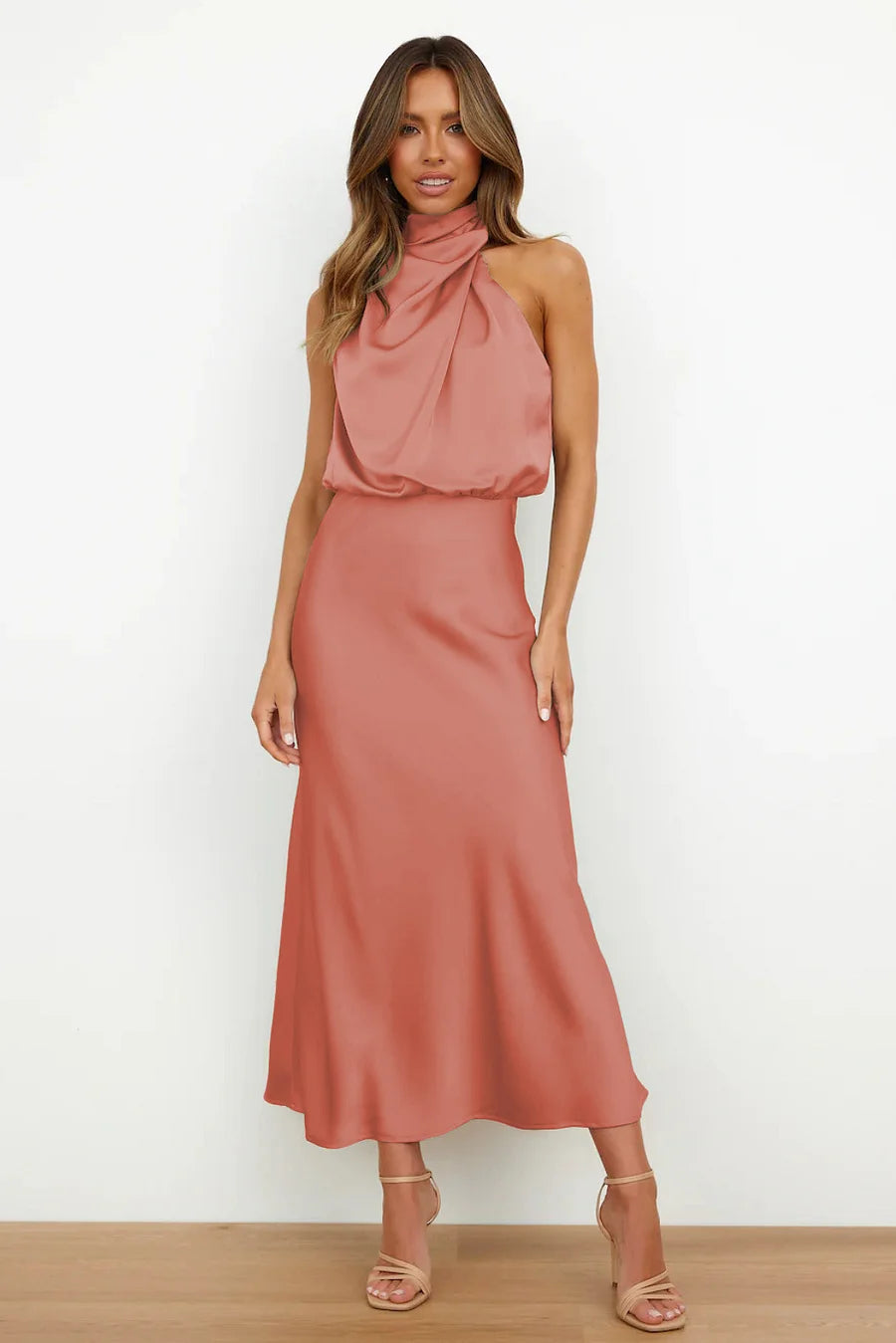 Women’s Midi Dress with High Collar and Draped Front Panel