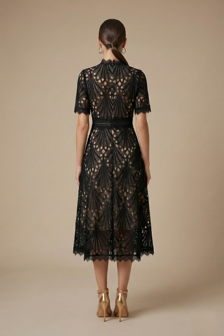 Women’s Midi Dress with High Neck and Cutwork Detailing