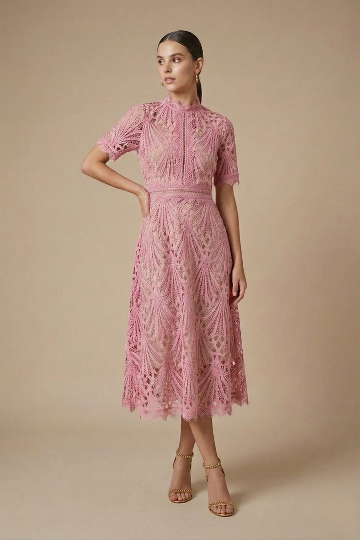 Women’s Midi Dress with High Neck and Cutwork Detailing
