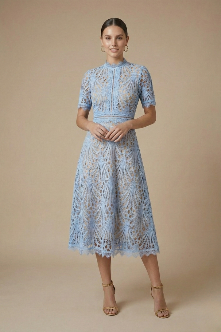 Women’s Midi Dress with High Neck and Cutwork Detailing