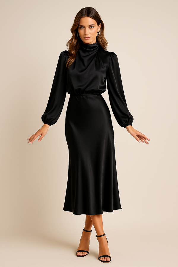 Women’s Midi Dress with High Neck and Long Sleeves