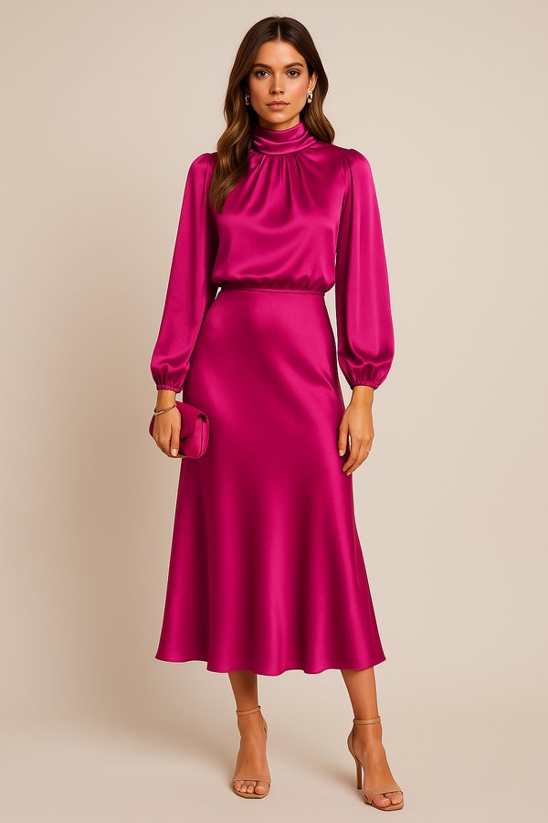 Women’s Midi Dress with High Neck and Long Sleeves