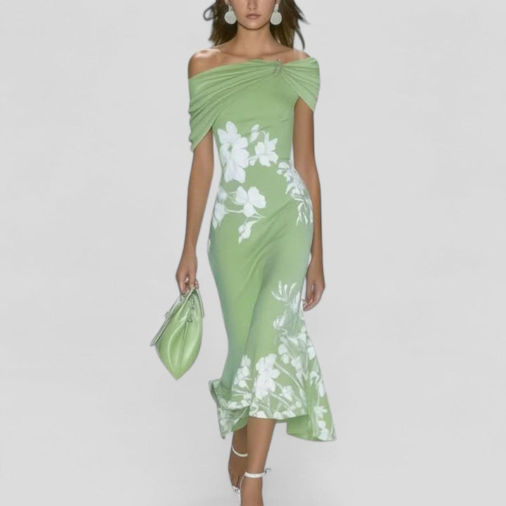 Women’s Midi Dress with Off-Shoulder Neckline and Flared Hem