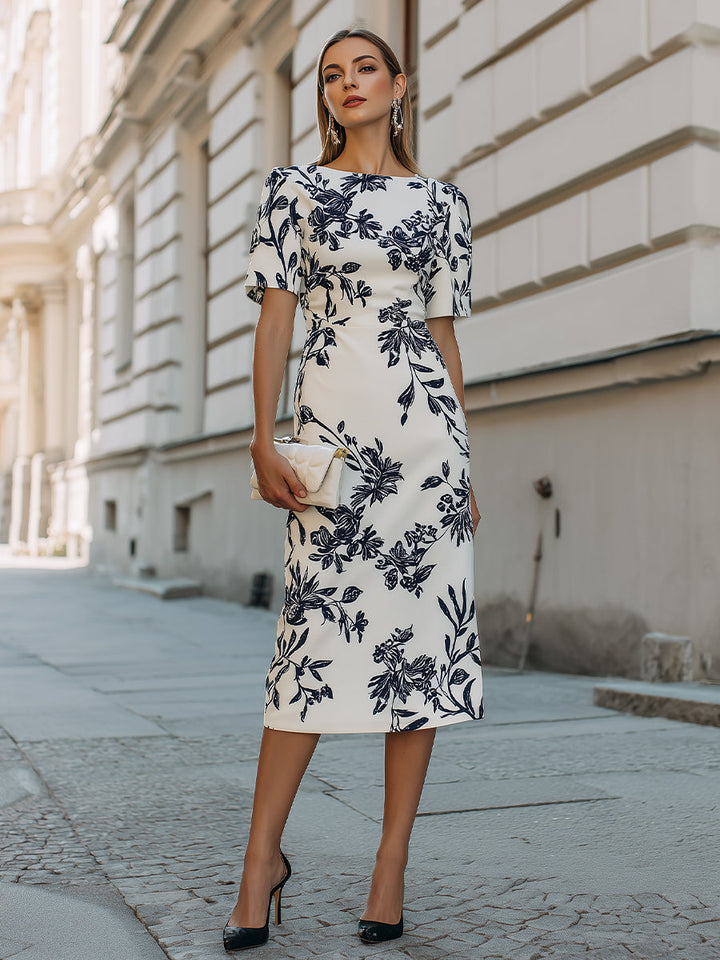 Women’s Midi Dress with Round Neckline and Short Sleeves