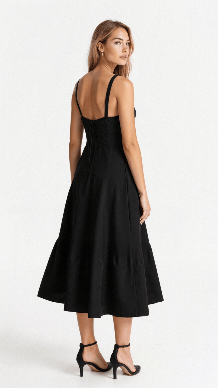Women’s Midi Dress with Shoulder Straps and Drawstring Detail