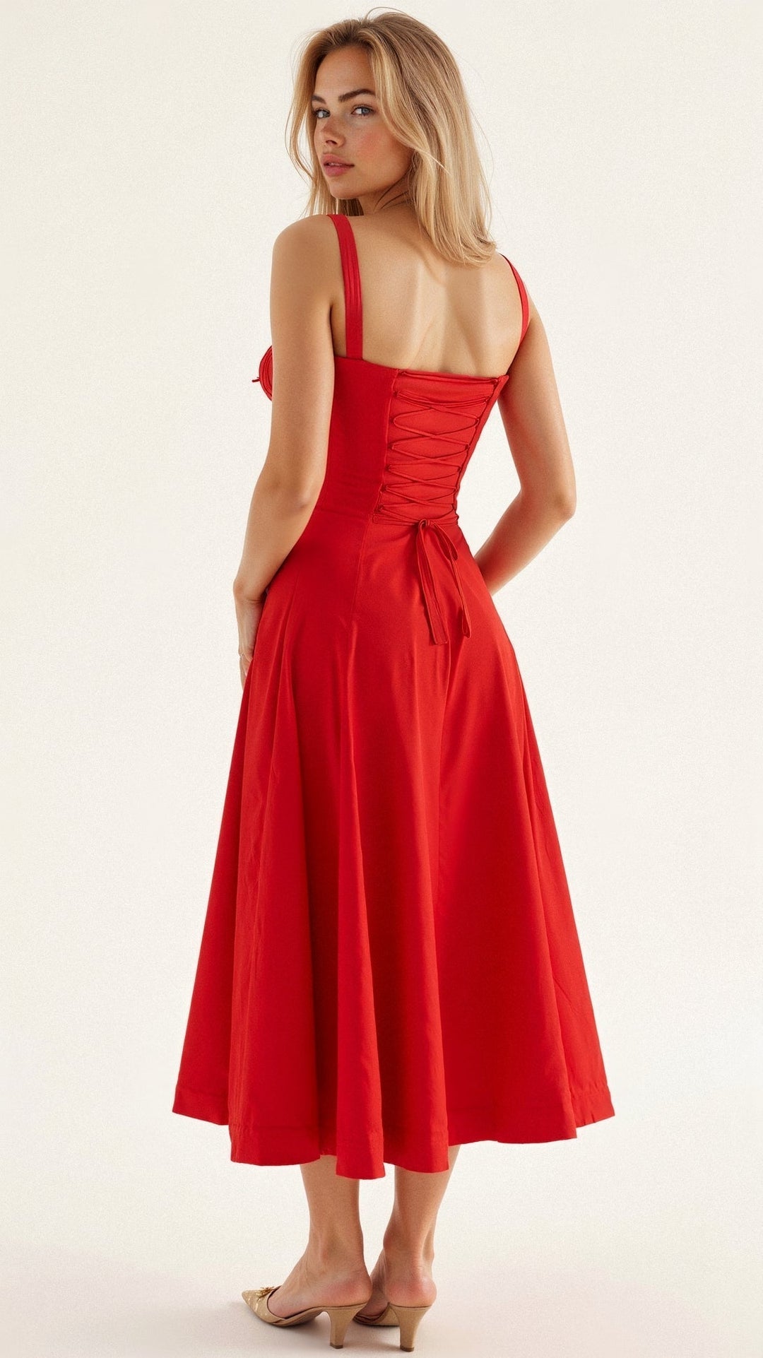 Women’s Midi Dress with Shoulder Straps and Drawstring Detail