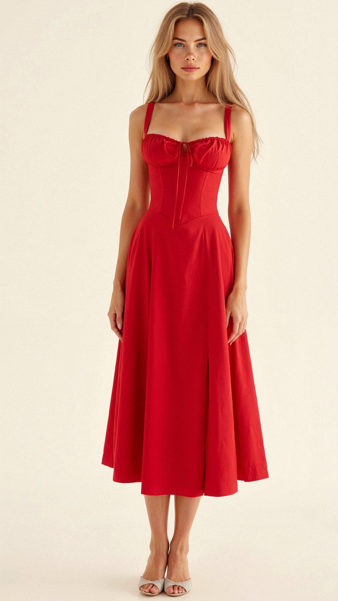 Women’s Midi Dress with Shoulder Straps and Drawstring Detail