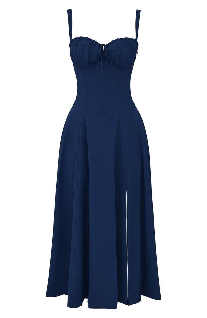 Women’s Midi Dress with Shoulder Straps and Drawstring Detail