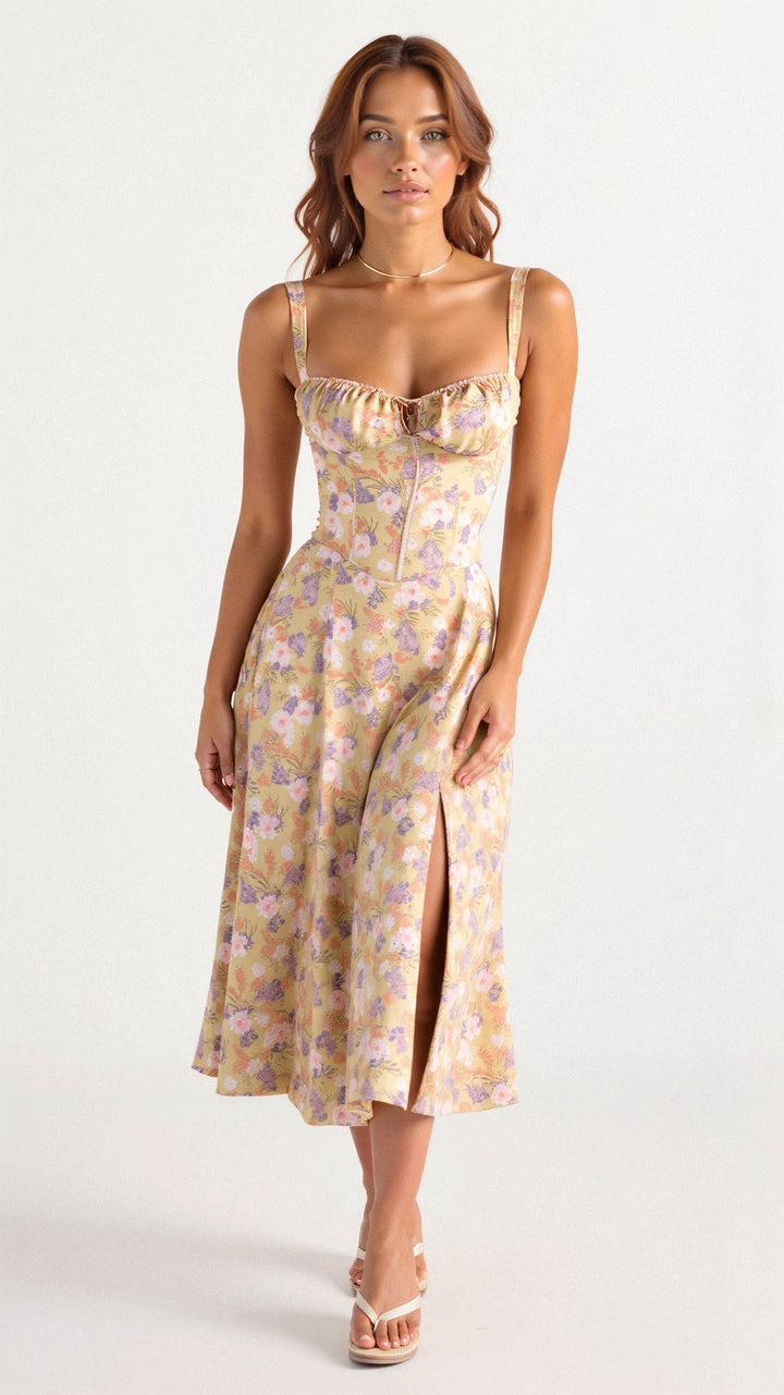 Women’s Midi Dress with Shoulder Straps and Drawstring Detail