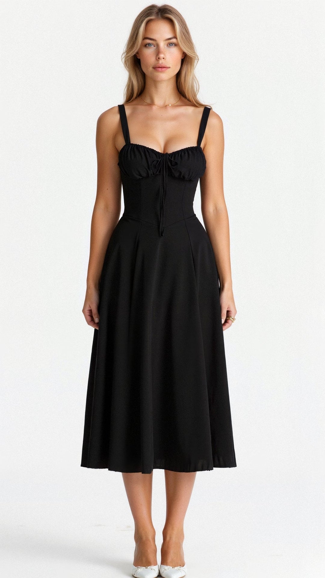 Women’s Midi Dress with Shoulder Straps and Drawstring Detail
