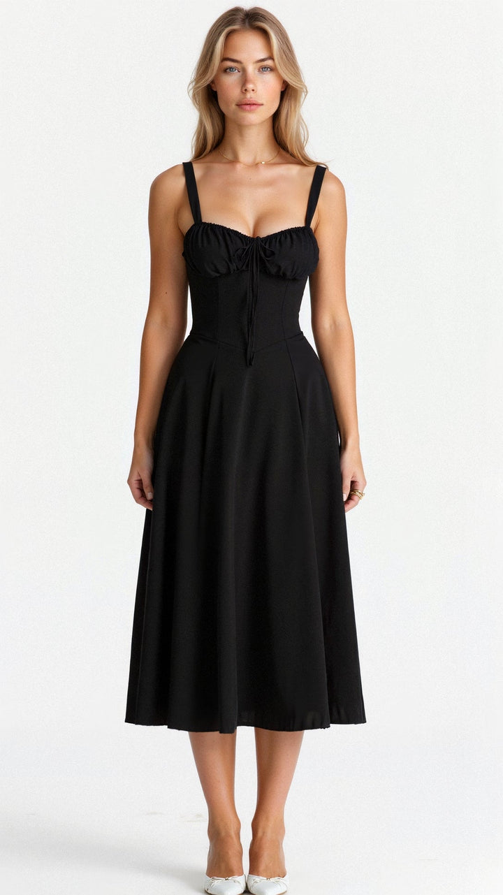Women’s Midi Dress with Shoulder Straps and Drawstring Detail