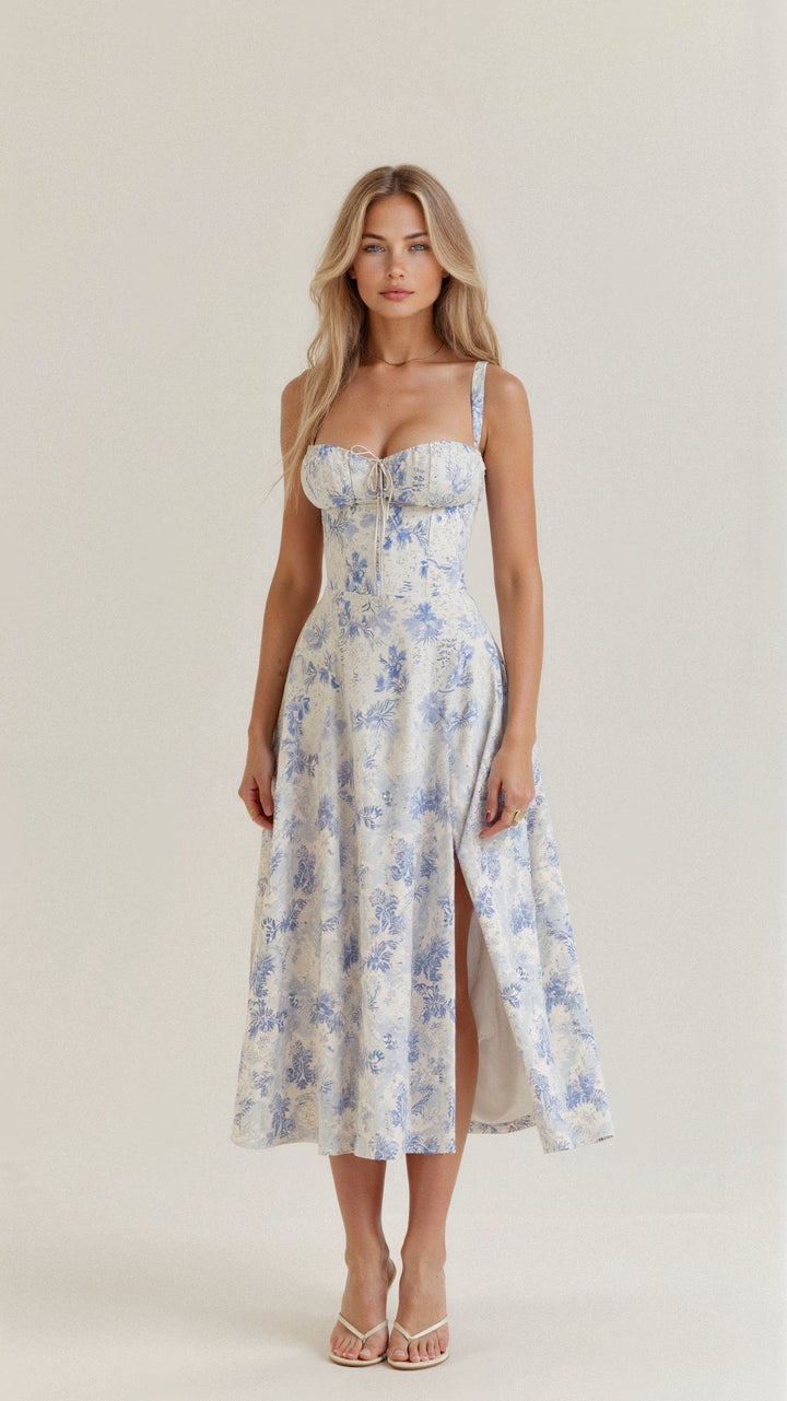 Women’s Midi Dress with Shoulder Straps and Drawstring Detail