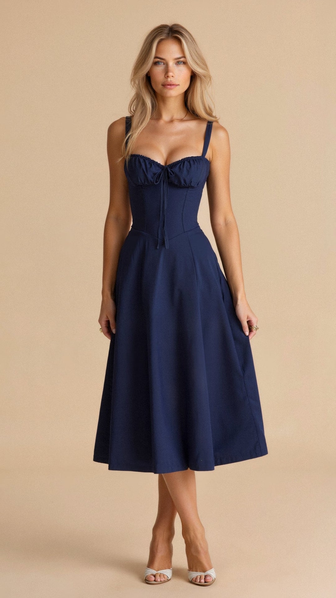 Women’s Midi Dress with Shoulder Straps and Drawstring Detail